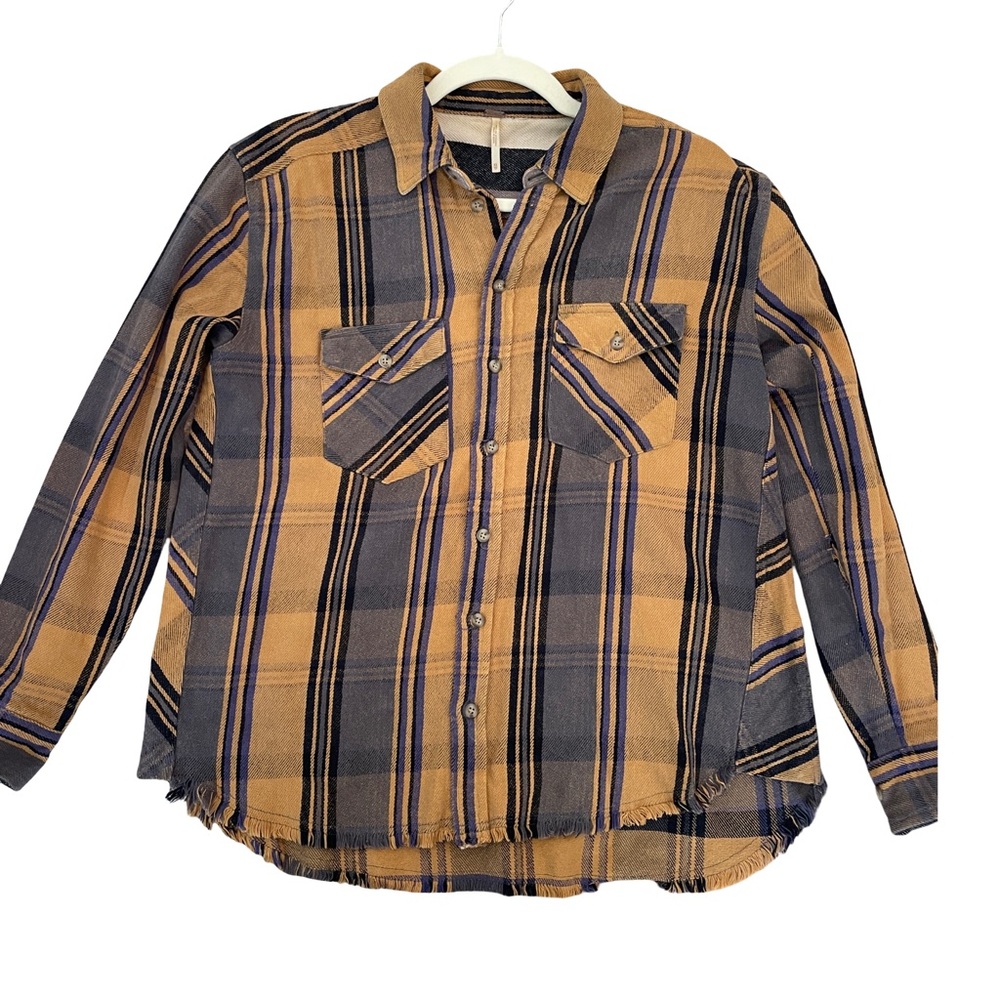 Free People Distressed Frayed Hem Plaid Flannel Button Down